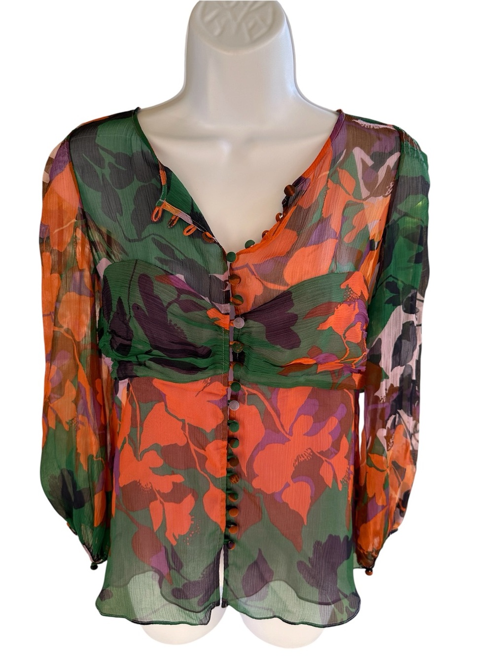BCBGMaxAzria 100% Silk Semi-Sheer Floral Button Blouse in Green, Purple, and Red